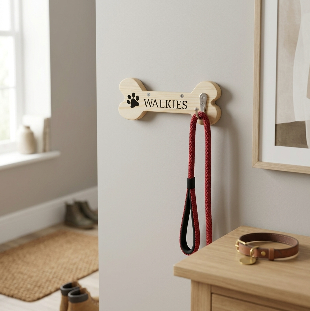 A wooden bone-shaped wall hook with the word 'WALKIES' and a paw print, hanging a red and black dog leash in a softly lit entryway. A wooden table with a brown leather collar is visible below.
