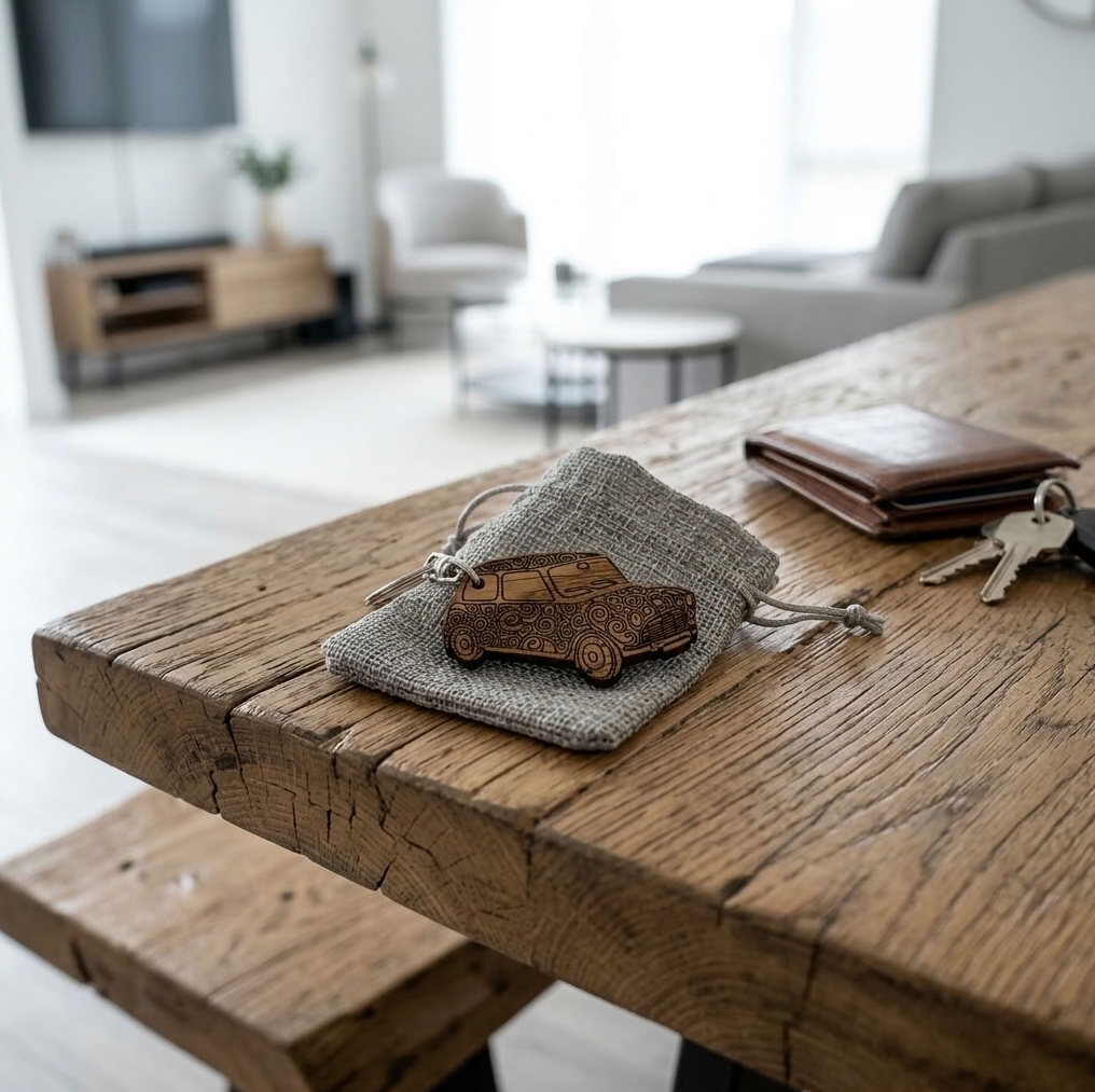 A carved wooden car-shaped keychain resting on a small grey fabric pouch on a rustic wooden table, with a wallet and keys nearby in a softly blurred living room background.