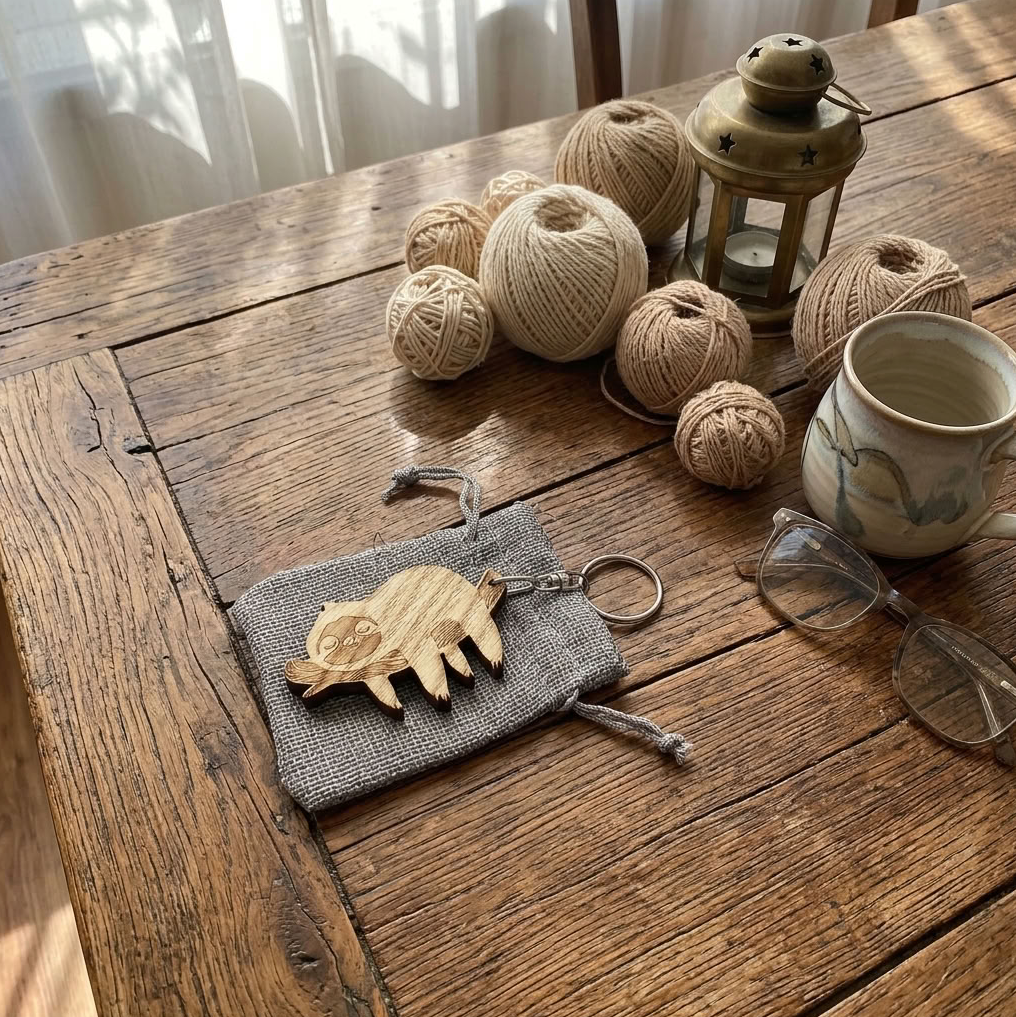 Wood Sloth Keychain