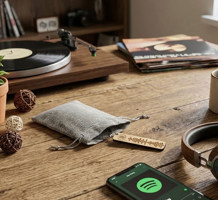 A personalised wooden keychain with a Spotify code, styled home scene on a rustic wooden table with a smartphone showing the Spotify app, over-ear headphones, a mug, plants, a record player, and vinyl records in a cozy room setting.