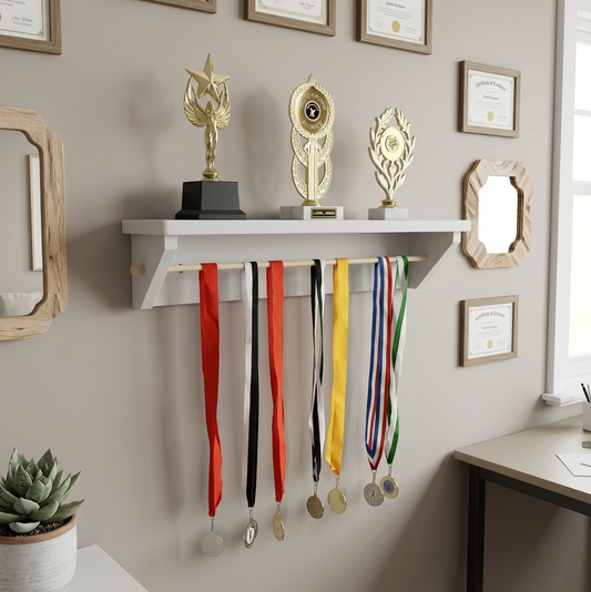 A light grey wall-mounted trophy shelf with a wooden hanging rod holding several medal ribbons in front of a beige wall. Three gold trophies sit on the top shelf, and framed certificates hang on the wall above.