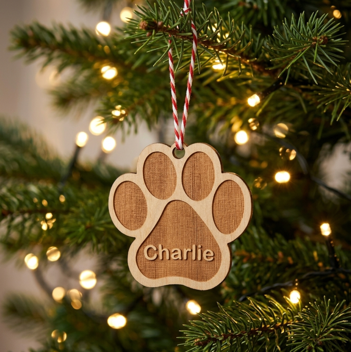 A personalised wooden paw print Christmas ornament engraved with the name 'Charlie' hangs from a red and white striped string on a lit Christmas tree.