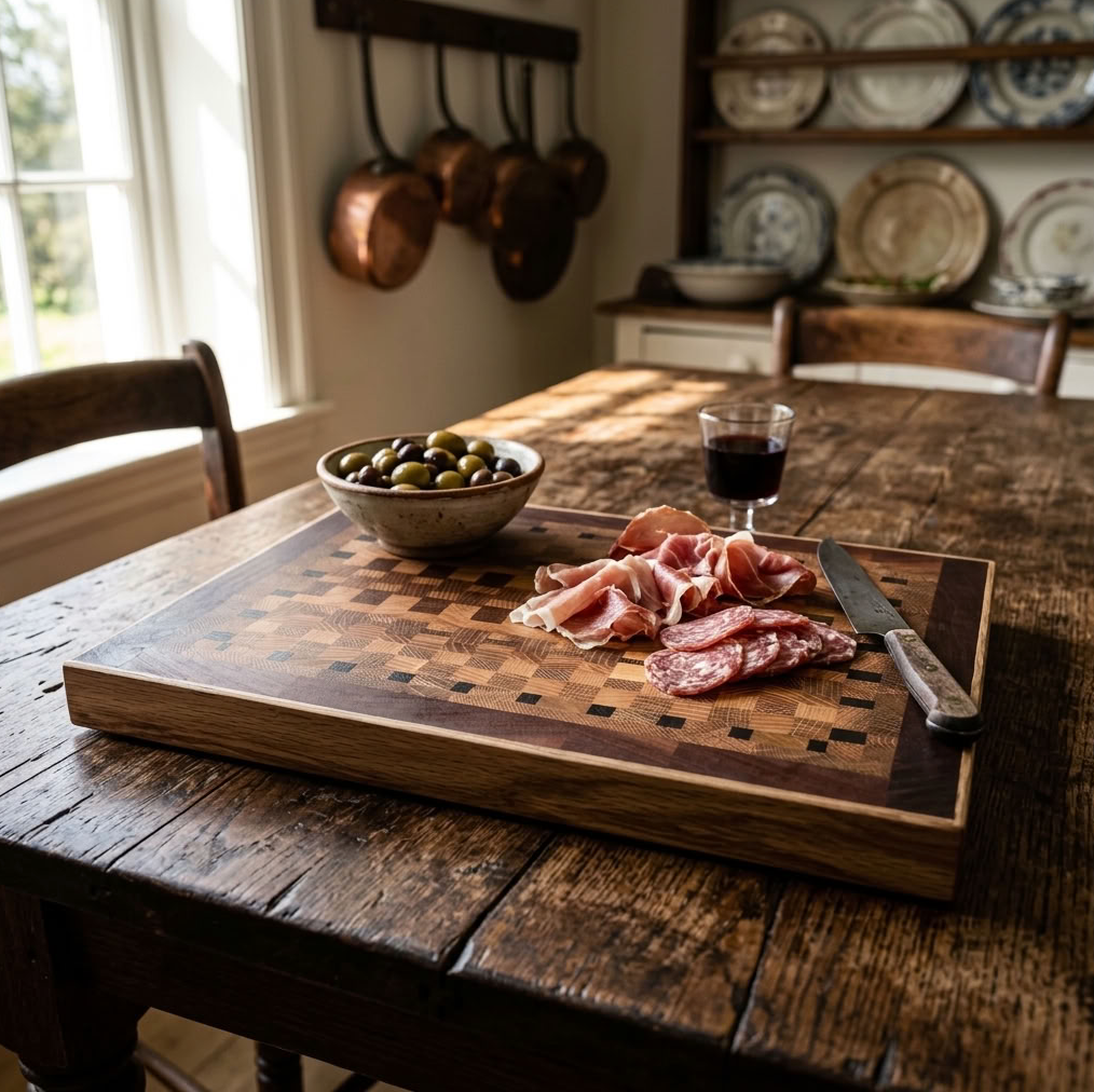 A rectangular wooden charcuterie board with a checkered pattern, styled on a rustic wooden dining table. The board is loaded with sliced cured meats, a bowl of green olives, a glass of red wine, and a knife.
