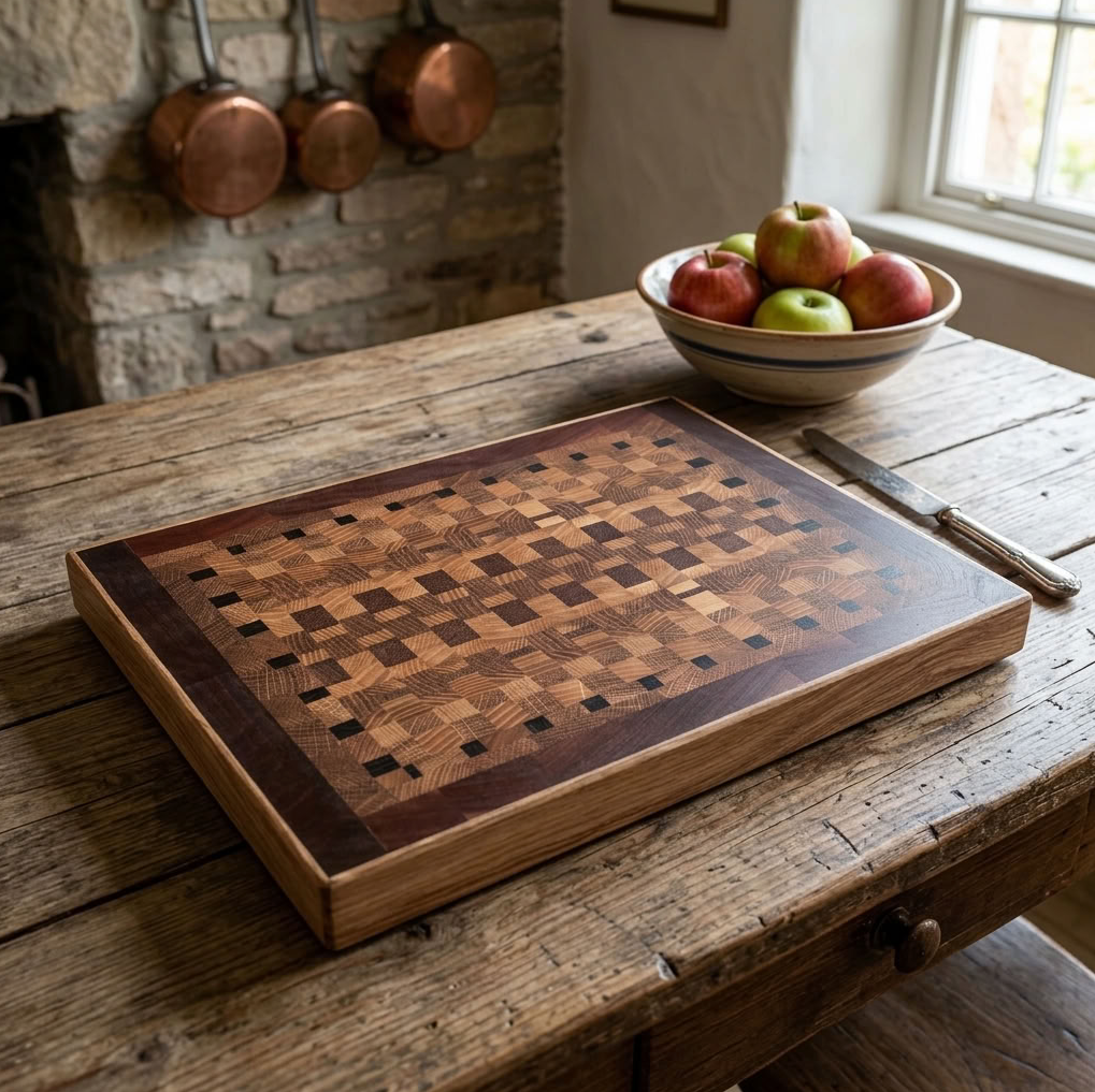 A rectangular wooden cutting board with a decorative geometric inlay pattern, displayed on a rustic wooden table in a kitchen setting next to a knife and a bowl of apples.