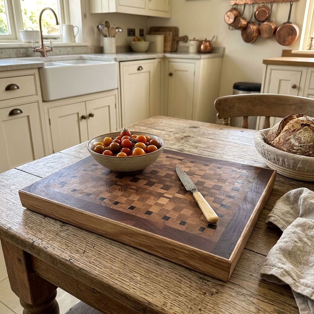 A handmade rectangular wooden cutting board with a checkerboard patterned centre and a natural wood border, displayed on a rustic wooden table in a bright kitchen. A bowl of cherry tomatoes and a small knife rest on the board, with a loaf of bread visible in the background.