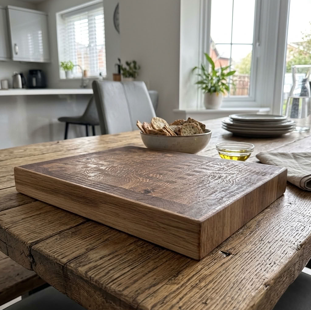 A handmade thick, rectangular wooden cutting board with a rustic finish sits on a heavy wooden dining table in a bright, modern kitchen. A small bowl of crackers and a glass of oil are styled on top of the board.