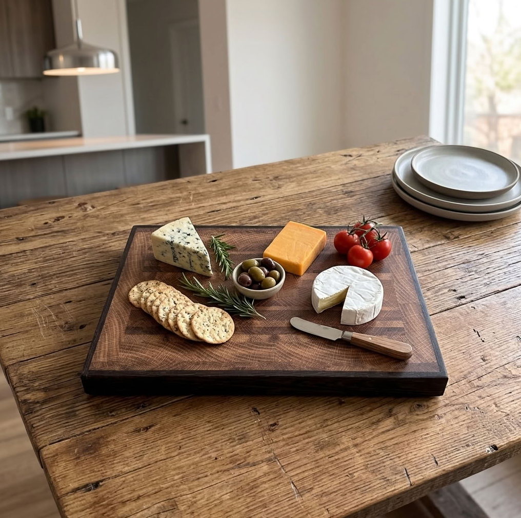 A rectangular mixed wood cheese board with a raised border, styled on a rustic wooden table with crackers, blue cheese, brie, cheddar, olives, a small knife, and cherry tomatoes. A stack of gray plates sits in the background near a window.