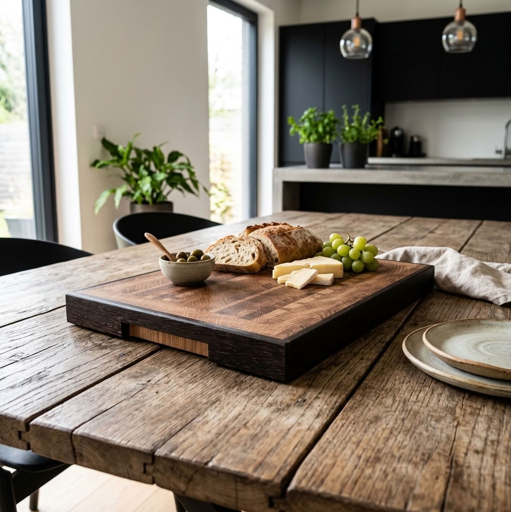 A dark rustic wooden serving board with a handle, styled with sliced bread, cheese, grapes, and a small bowl of olives on a weathered wooden dining table in a modern kitchen setting.