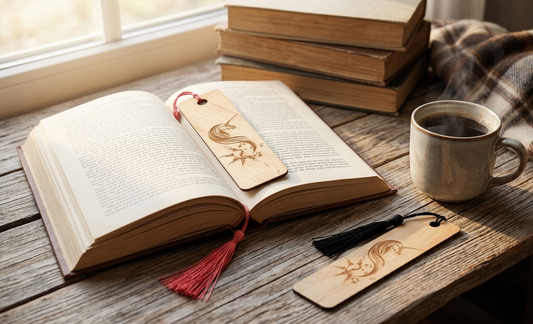 Wooden bookmark tags with laser-engraved unicorn designs and tassels are displayed on a rustic wooden table alongside an open book, a stack of books, a mug of coffee, and a plaid blanket.