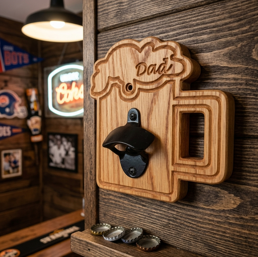 A personalised wooden beer glaass-shaped wall-mounted bottle opener with the word 'Dad' engraved on the foam, shown mounted on a dark wood wall in a bar-like setting. Several bottle caps rest below the opener.
