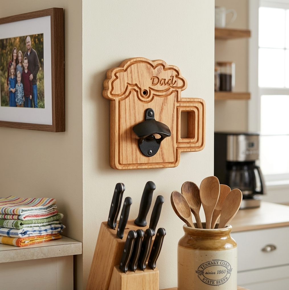 A personalised solid oak beer glass shaped mug wall bottle opener with a black metal bottle opener, mounted on a beige wall in a kitchen setting. The mug is engraved with the name 'Dad' and is shown below a framed family photo, next to a wooden knife block and a ceramic jar of wooden spoons.