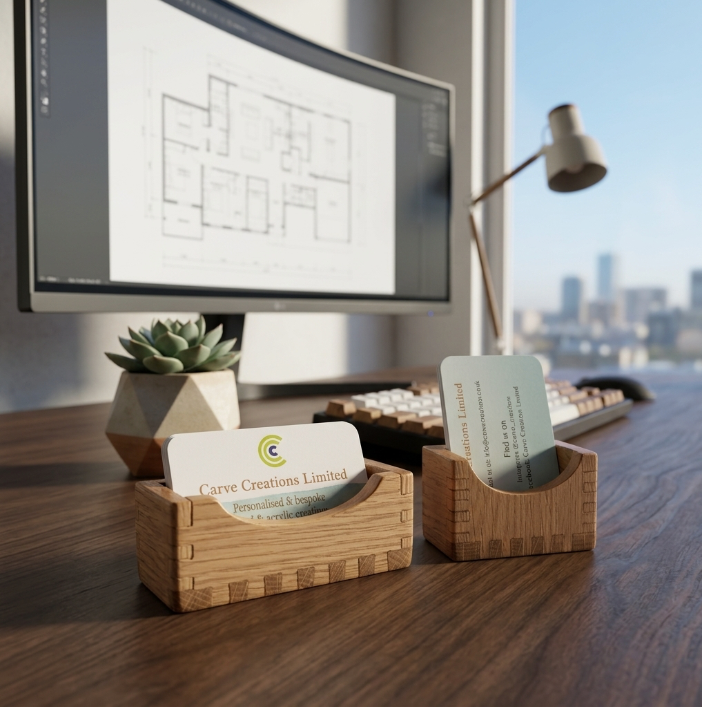 One horizontal business card holder and one vertical business card stand. Both made from solid oak. Perfect for a professional desk or at events. Sat on a table with a computer, a plant and a view out the window.