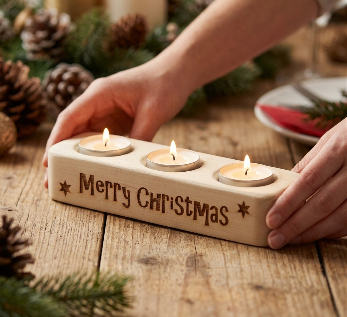 A wooden Christmas candle holder engraved with 'Merry Christmas' and stars, holding three lit tea light candles, shown on a rustic wooden table with hands holding it and holiday decor in the background.
