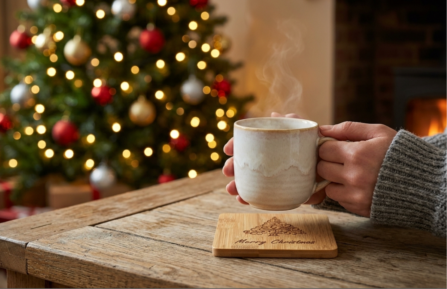 A person holds a steaming ceramic mug over a wooden coaster engraved with 'Merry Christmas' and a Christmas tree engraved, with a blurred Christmas tree and fireplace in the background.