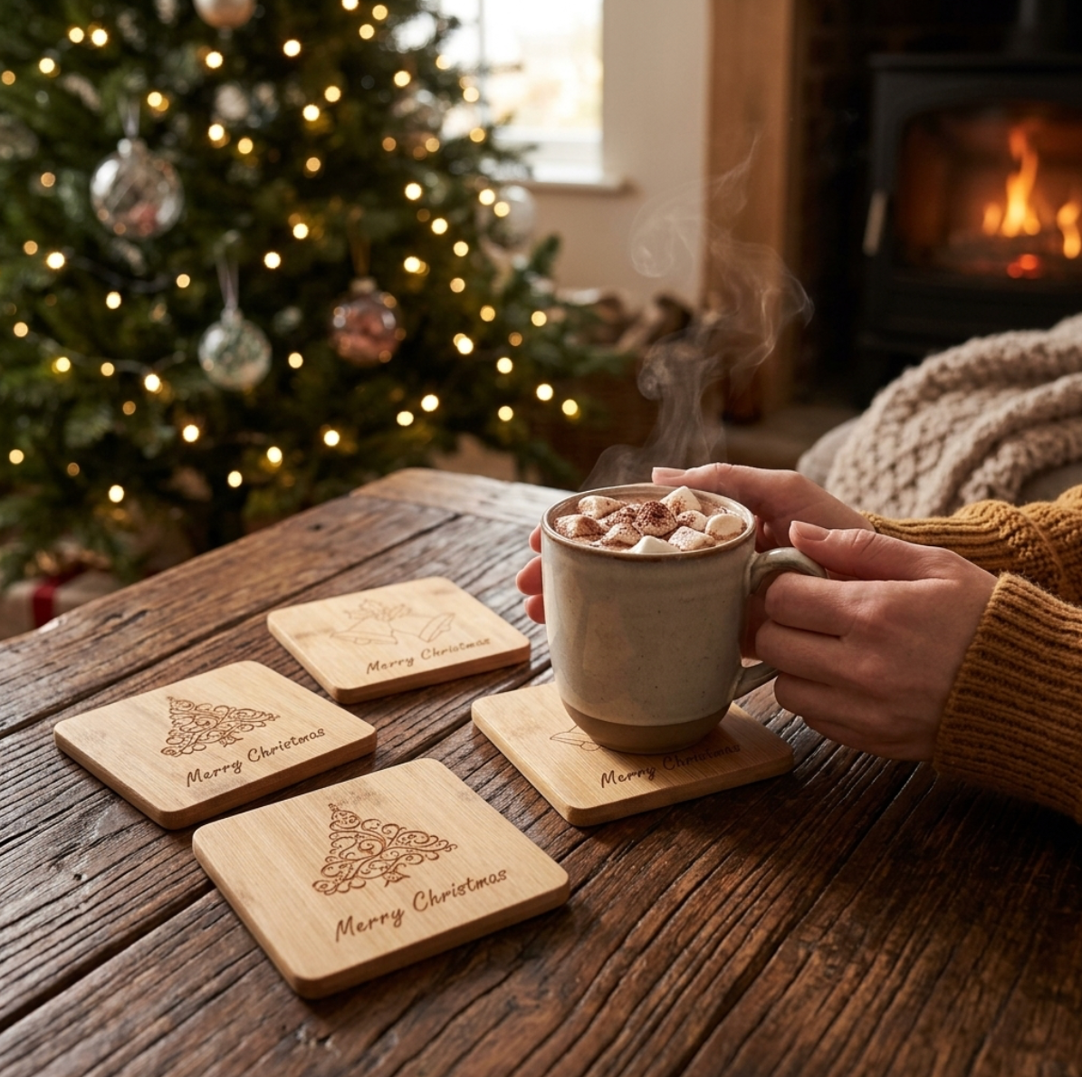 Four square wooden coasters engraved with a Christmas tree and bell designs and the words 'Merry Christmas' placed  on a rustic wooden table. A person's hands are shown holding a ceramic mug filled with a hot drink topped with marshmallows, resting on one of the coasters.
