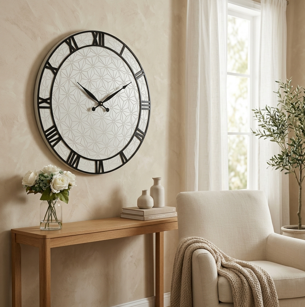 A large round wall clock with a black Roman numeral frame and a light grey face featuring a subtle geometric pattern, styled in a warm beige living room next to a wooden console table and a cream armchair.
