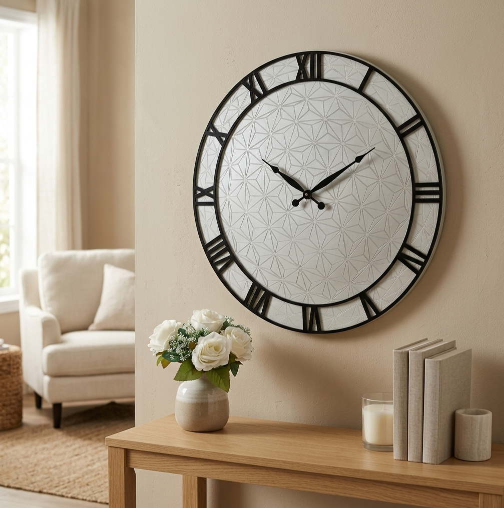 A large round wall clock with a black acrylic frame and Roman numerals, featuring a light grey geometric face, mounted on a beige wall above a wooden console table with a vase of white roses and books.