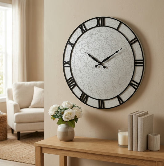 A large round wall clock with a black acrylic frame and Roman numerals, featuring a light grey geometric face, mounted on a beige wall above a wooden console table with a vase of white roses and books.
