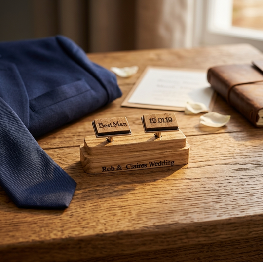 Personalised wooden wedding cufflinks engraved with 'Best Man' and the date and then 'Rob & Claire's Wedding' on the wooden base, styled on a wooden table with a navy suit jacket, leather notebook, and wedding card.