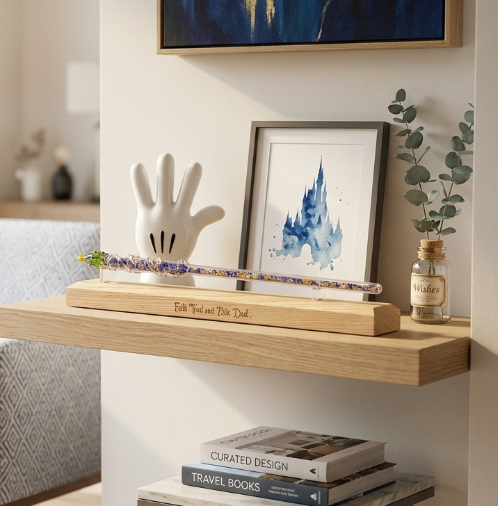 A styled interior corner with a light wood floating shelf holding a white hand-shaped decorative object, a small framed artwork, a glass bottle with greenery, and a decorative glass wand on a wooden base. A blue upholstered armchair is visible at left, and a large abstract blue-and-gold painting hangs on the wall above.