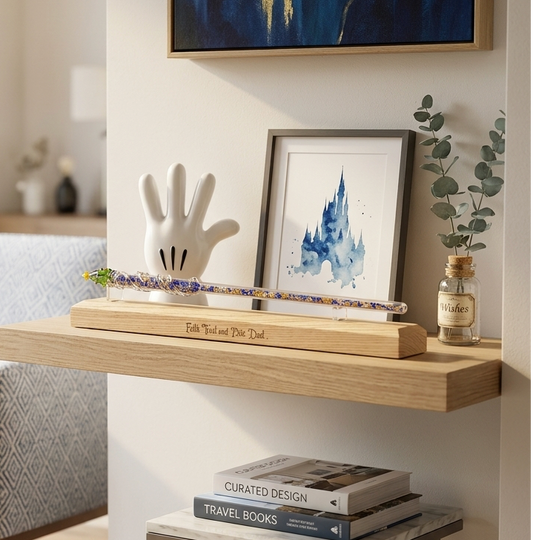 A styled interior corner with a light wood floating shelf holding a white hand-shaped decorative object, a small framed artwork, a glass bottle with greenery, and a decorative glass wand on a wooden base. A blue upholstered armchair is visible at left, and a large abstract blue-and-gold painting hangs on the wall above.