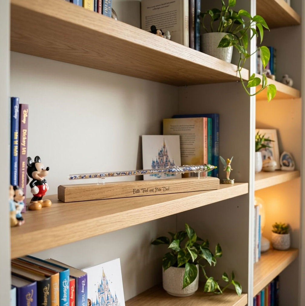 A decorative Disney glass wand displayed on a personalised wooden stand engraved with 'Faith, Trust and Pixie Dust' set on a wooden bookshelf alongside books, plants, and small figurines.