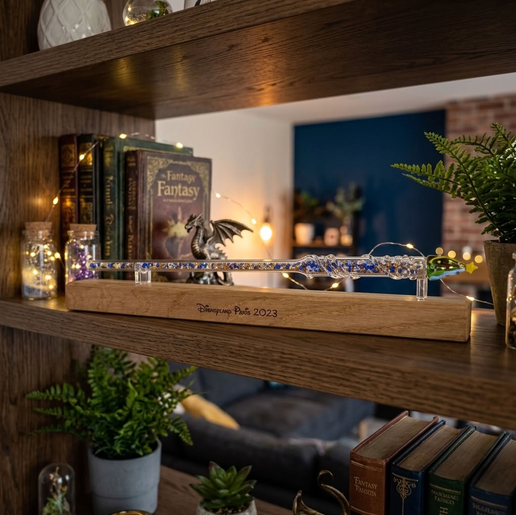 A wooden Disney+Fantasy themed shelf light on a wooden bookshelf in a cozy, dimly lit room. The light features a dragon figurine, a glass wand filled with crystals, and fairy lights, with 'Disneyland Paris 2023' engraved on the front.