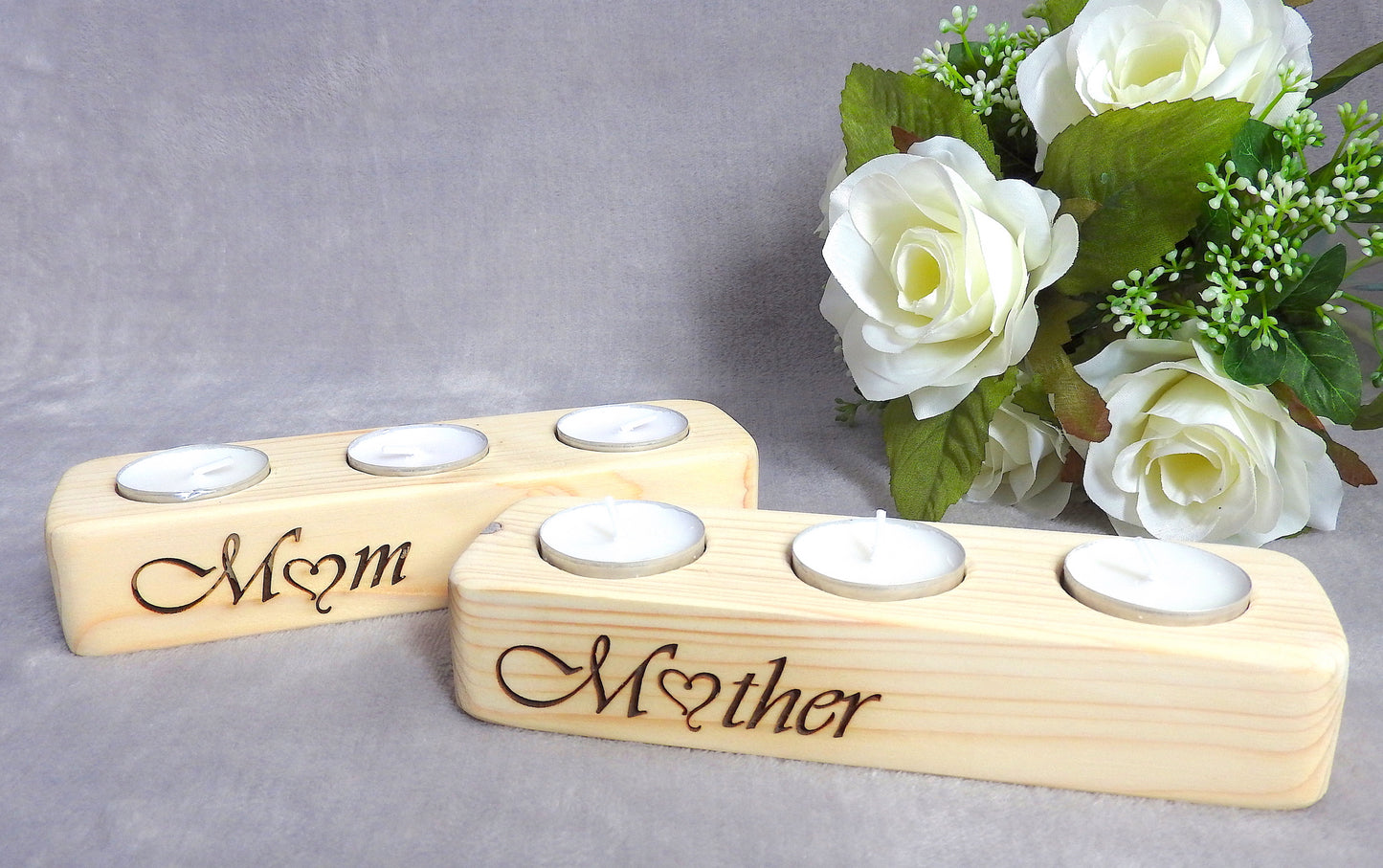 Wooden Tea Light Candle Holder – Engraved "Mother" & "Mom" Gift