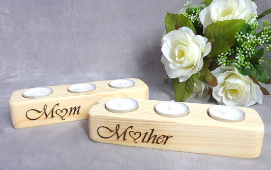 Wooden Tea Light Candle Holder – Engraved "Mother" & "Mom" Gift