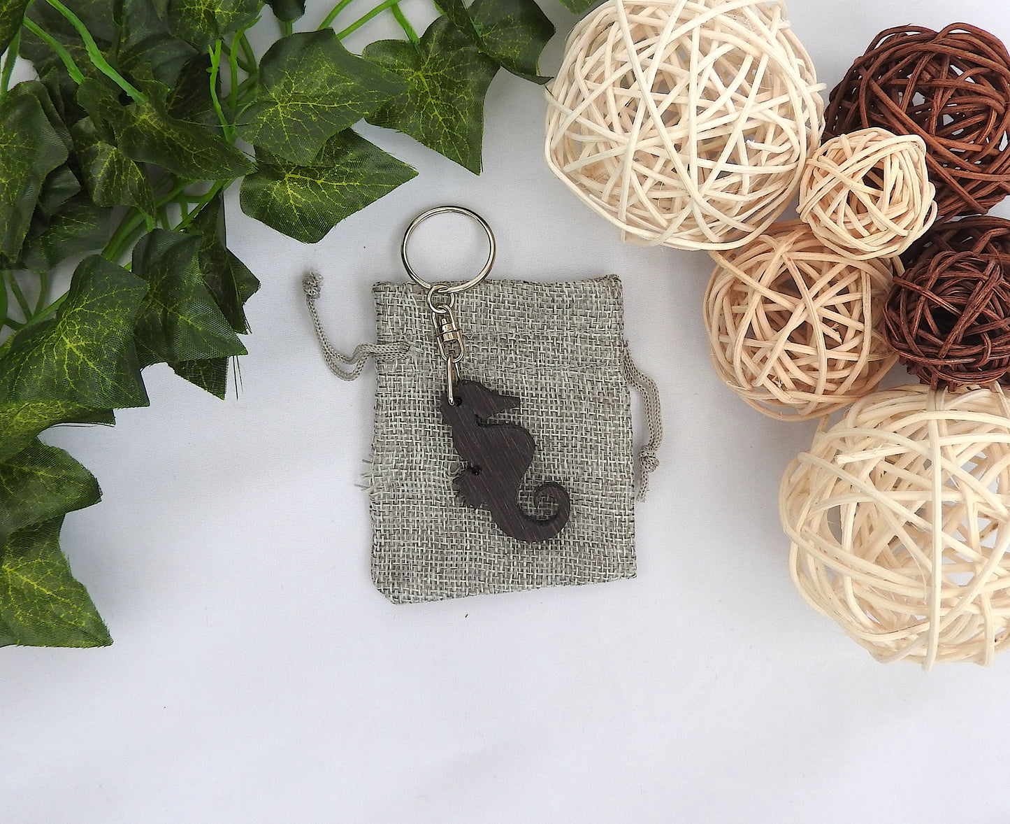 Wood Seahorse Keychain