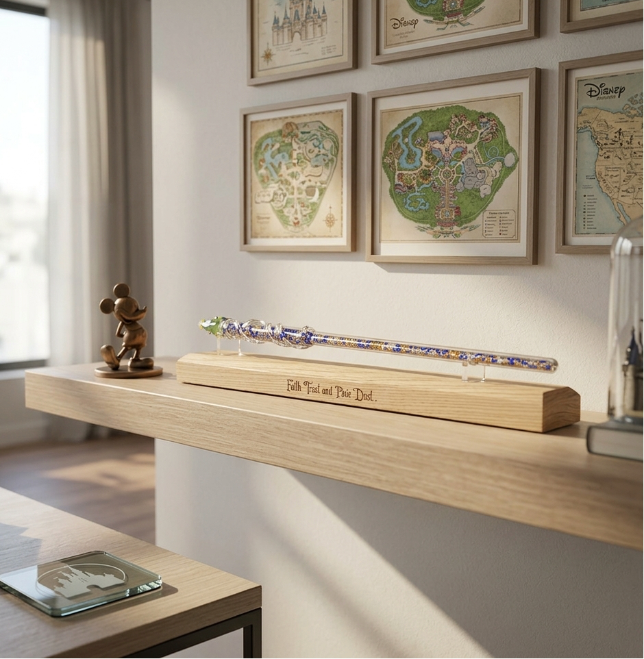 A decorative glass Arribas Disney wand displayed on an engraved wooden stand on a light wood shelf in a bright room, with framed Disney-themed wall art and a small Mickey Mouse figurine nearby.