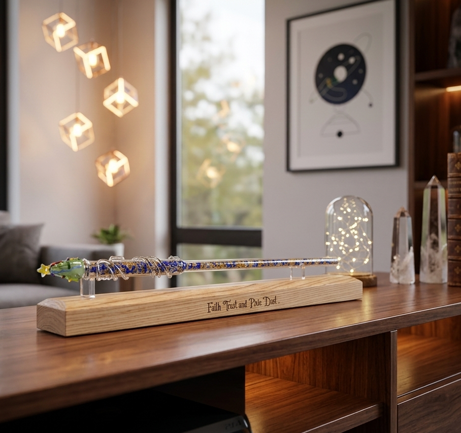A decorative glass wand displayed on a personalised engraved wooden stand on a dark wood console table in a modern living room. The stand is engraved with the phrase 'Folk 'Tad and Dot 'Tad'.