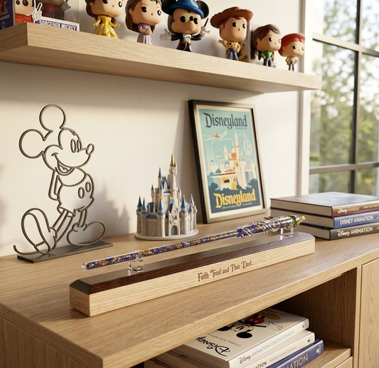 A Disney-themed wooden oak and wedge stand displaying a glass wand on a cabinet shelf, holding a framed Disneyland poster, a Mickey silhouette decor piece, a small castle figurine, and a long decorative pencil with blue patterned wrapping. Shelves above display Disney character figurines, and books are stacked on the cabinet.