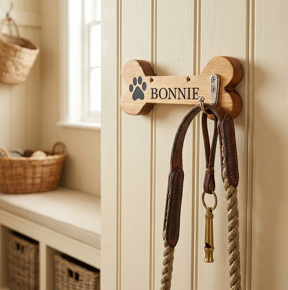 A solid oak personalised wooden bone-shaped dog leash mounted on a cream-coloured panelled door. The light natural wood bone features a black paw print and the name 'BONNIE' in dark vinyl lettering.