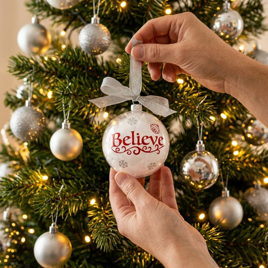 "Believe" Feather Christmas Shatterproof Bauble