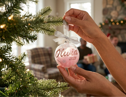 A person holds a round Christmas bauble ornament filled with pink feathers with the name 'Olivia' written on it, for a babies first Christmas. Hanging it from a green Christmas tree in a cozy living room with a fireplace and blurred people in the background.