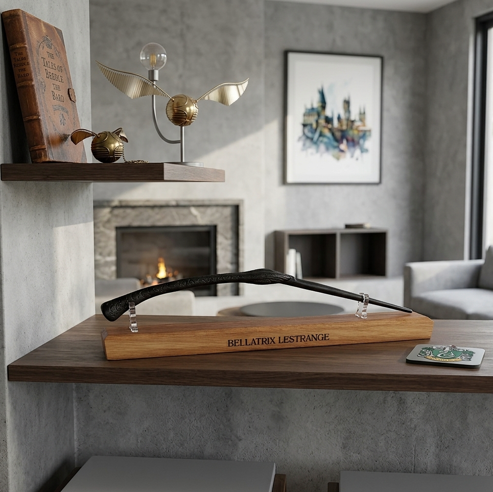 A wooden wand display stand holding a replica Harry Potter wand, engraved with the name 'BELLATRIX LESTRANGE', shown in a modern living room setting on a wooden shelf.