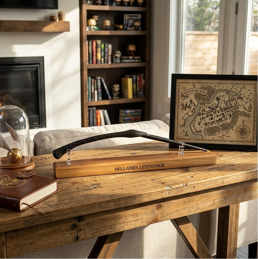 A wooden display stand engraved with 'BELLATRIX LESTRANGE' holding her replica wand, styled on a rustic wooden table in a cozy living room with a framed map and books in the background.