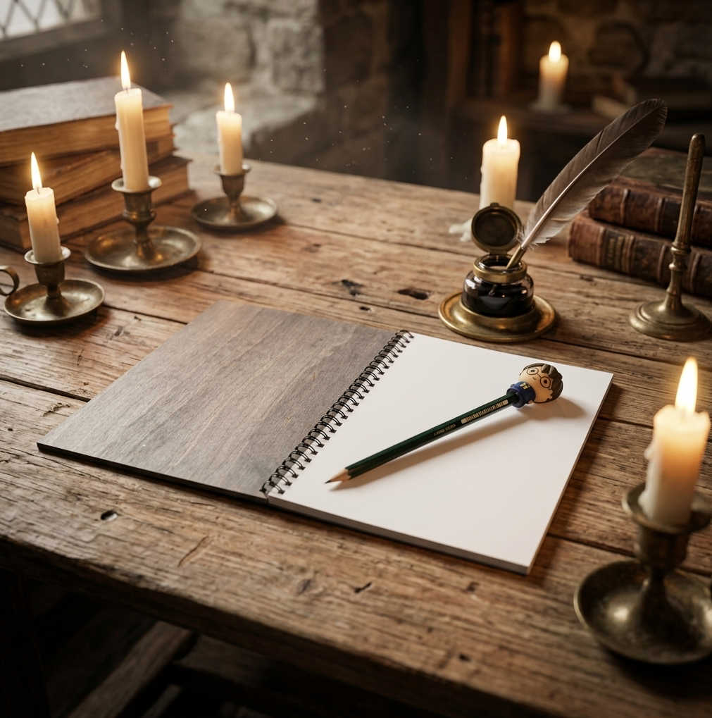A rustic wooden desk illuminated by several lit candles, featuring an open spiral notebook with blank white pages, a green pencil with a decorative blue and gold tip, a feather quill in an inkstand, and stacked old books in the background.