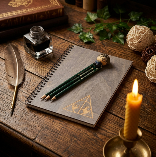 A styled flat-lay of a dark gray spiral notebook with an engraved Deathly Hallows symbol, decorated with three dark green pencils and a decorative pen. The notebook is set on a rustic wooden table alongside a glass ink bottle, a feather quill, a burning candle, and other mystical props.
