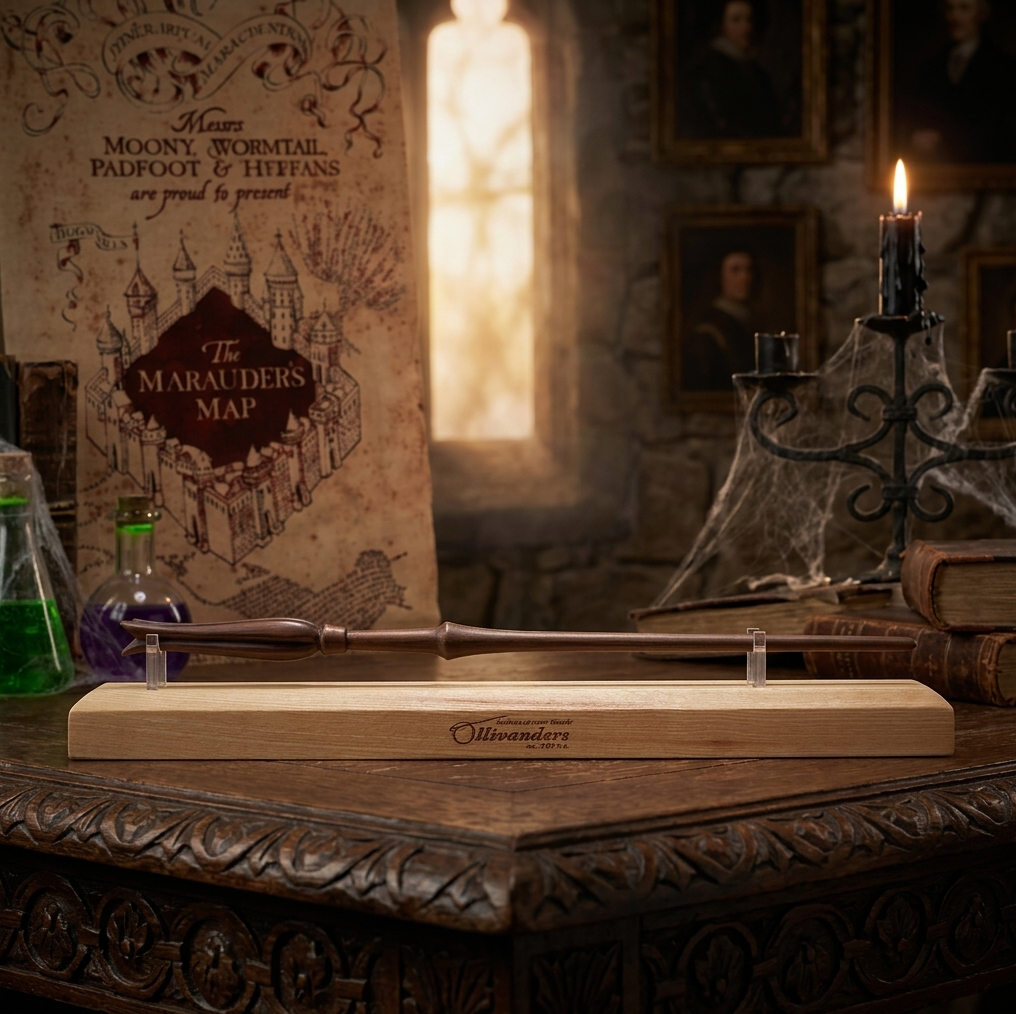 Solid wood stand with a Harry Potter replica wand displayed. Surrounded by cobwebs, potions and the Marauders Map.