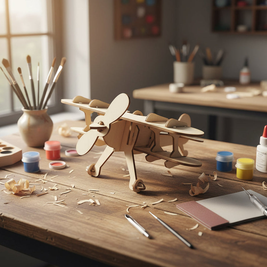 A wooden laser-cut build your own model of a vintage biplane, made from birch. plywood and surrounded by arts and crafts materials.