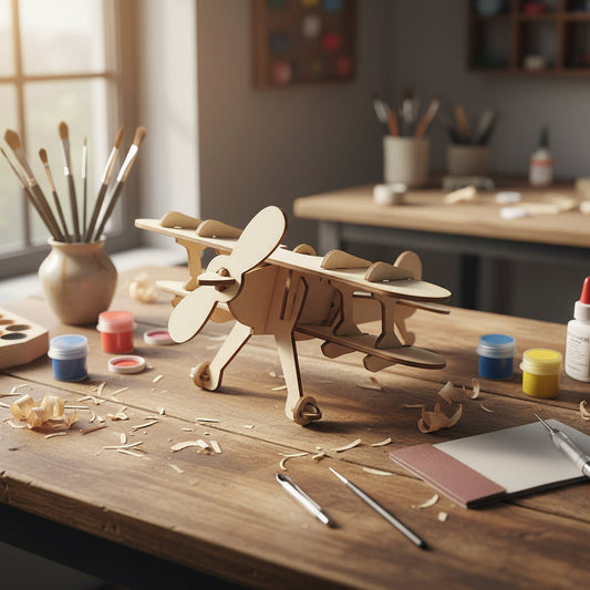 A wooden laser-cut build your own model of a vintage biplane, made from birch. plywood and surrounded by arts and crafts materials.
