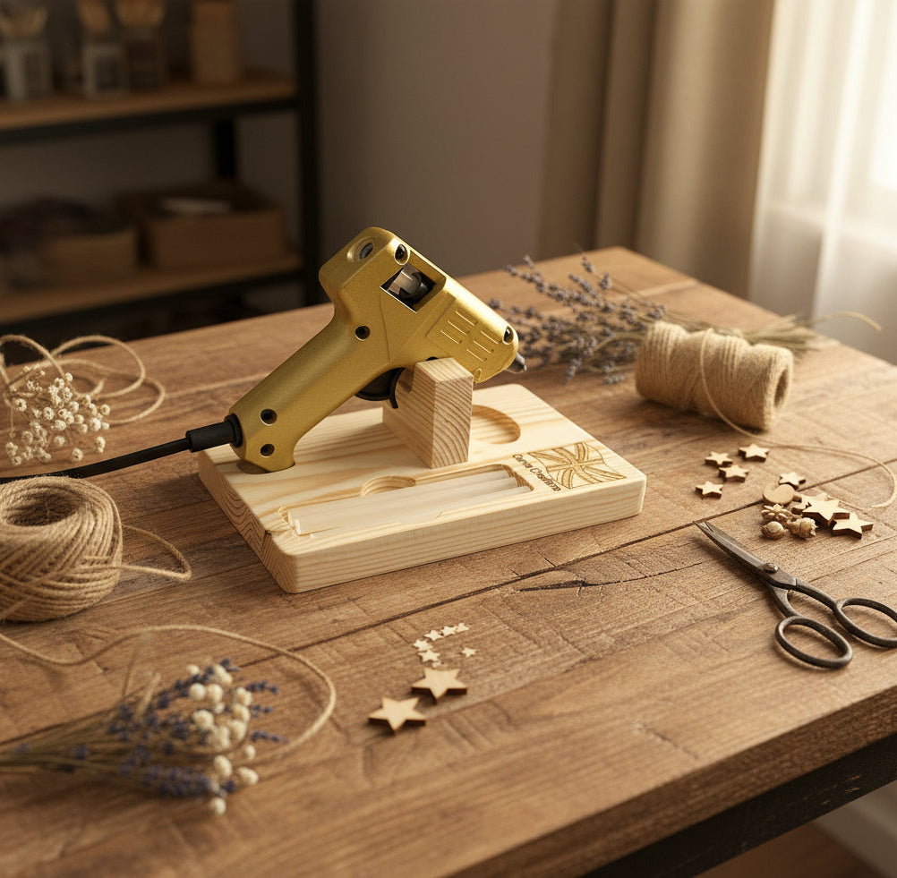 A mini hot glue gun resting on a custom made wooden stand, with decorative green leaves on the left and woven ball ornaments on the right, all on a white background.