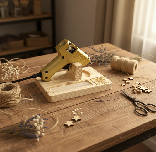A mini hot glue gun resting on a custom made wooden stand, with decorative green leaves on the left and woven ball ornaments on the right, all on a white background.