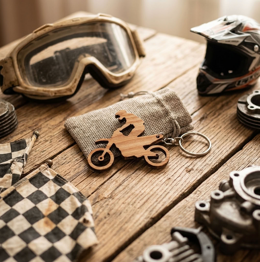 A wooden motorcycle-shaped keychain with a rider silhouette lies on a rustic wooden tabletop, surrounded by motocross-themed props including goggles, a helmet, a checkered flag, and mechanical parts.
