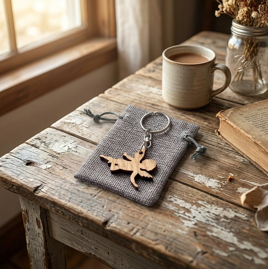 A wooden angel keychain with a silver metal ring and drawstring pouch, displayed on a rustic wooden table next to a ceramic mug, an open book, and dried flowers.