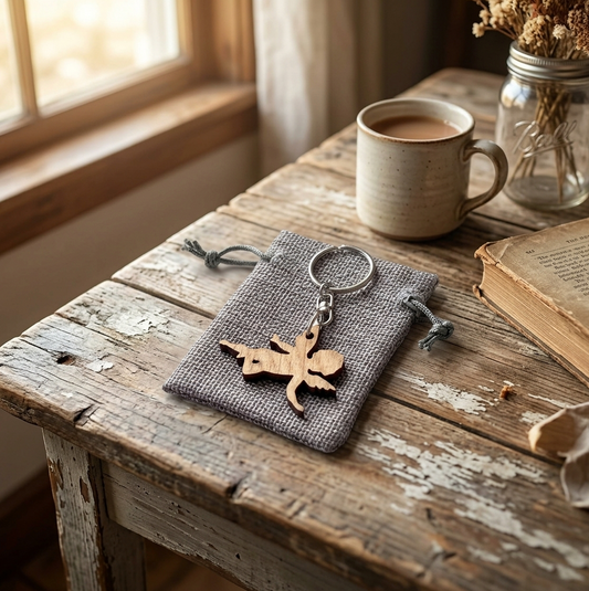 A wooden angel keychain with a silver metal ring and drawstring pouch, displayed on a rustic wooden table next to a ceramic mug, an open book, and dried flowers.
