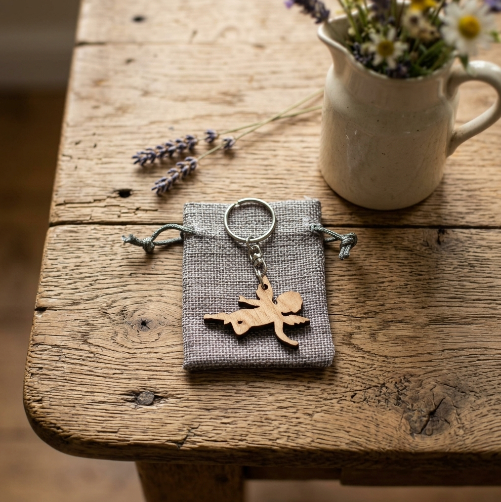 A small grey fabric drawstring pouch holding a silver keyring with a wooden angel-shaped charm, styled on a rustic wooden table with lavender sprigs and a ceramic pitcher of flowers in the background.