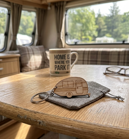 A solid hardwood caravan shaped keychain with a grey hessian gift bag on a table in a caravan.